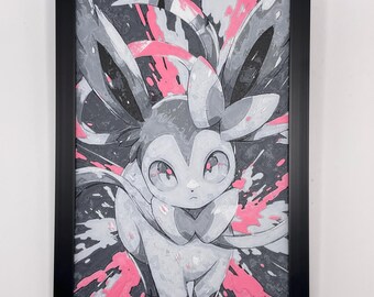 Sylveon Pokémon Wandbild von HueForge, 8x5 3D-gedruckt, gerahmt, strukturierte Dekoration