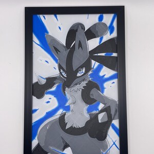 May include: Framed artwork featuring a stylized Lucario character in shades of gray and black, set against a white background with blue paint splashes. The artwork is enclosed in a black frame.