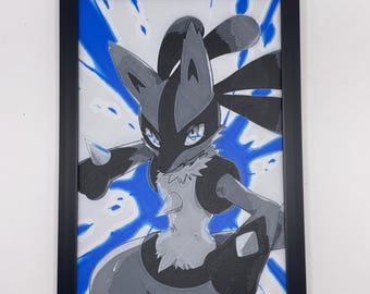 Lucario Pokémon Wandbild von HueForge, 8x5 Zoll, 3D-gedruckt, gerahmt, strukturierte Oberfläche