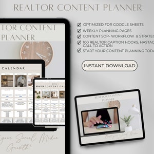 May include: A digital download for a realtor content planner. The planner includes a weekly planning page, content strategy, caption hooks, hashtags, and a call to action. The planner is optimized for Google Sheets. The image shows a laptop, tablet, and phone displaying the planner. The text "Boost your Social Media Growth!" is at the bottom of the image.