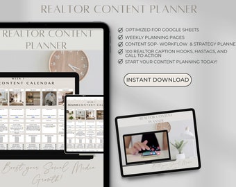 2026 Social Media Content Calendar, Social Media Google Sheet Spreadsheets, Realtor All in one marketing calendar planner, 100 Hooks, CTAs