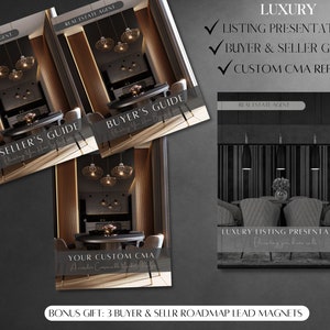 Może przedstawiać: Trzy czarne i złote broszury agenta nieruchomości ze zdjęciami wnętrz. Broszury są zatytułowane "Przewodnik sprzedającego", "Przewodnik kupującego" i "Twoja spersonalizowana CMA". Tekst "LUXURY" znajduje się u góry obrazu z zaznaczonymi polami wyboru obok "Prezentacja oferty", "Przewodnik kupującego i sprzedającego" i "Spersonalizowany raport CMA". Tekst "BONUS GIFT: 3 BUYER & SELLR ROADMAP LEAD MAGNETS" znajduje się na dole obrazu.