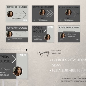 May include: A set of 12 customizable open house real estate signs in a modern design. The signs are 18 inches high by 24 inches wide and feature a black and white color scheme with a gray background. The signs include a photo of a realtor, their name, phone number, and the EXP Realty logo. The signs are fully editable in Canva and can be used with a step-stake holder or sidewalk A-frame.