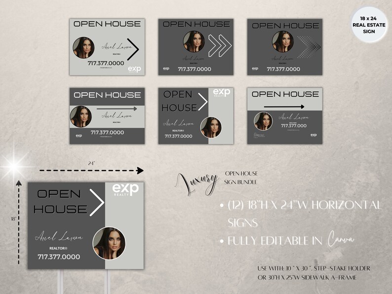 May include: A set of 12 customizable open house real estate signs in a modern design. The signs are 18 inches high by 24 inches wide and feature a black and white color scheme with a gray background. The signs include a photo of a realtor, their name, phone number, and the EXP Realty logo. The signs are fully editable in Canva and can be used with a step-stake holder or sidewalk A-frame.
