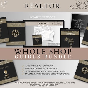 Pode incluir: Uma coleção de guias digitais para agentes imobiliários. Os guias são intitulados "The Ultimate Lead Pre-Qualification Playbook", "A Successful Lead Follow Up System", "Handling Objections", "Ultimate 30 Day Realtor Challenge: Dominate Your Market", "Master Prospecting & High Lead Conversion: The Agent Guide" e "100 Real Estate Lead Strategies". Os guias estão dispostos em uma grade sobre um fundo marrom claro. O texto "Whole Shop Guides Bundle" é exibido em letras grandes e em negrito abaixo dos guias.