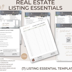 May include: Seven printable real estate listing templates in a light gray and white color scheme. The templates include a listing timeline, change of address checklist, pre-listing checklist, prep for photos checklist, open house sign-in sheet, modern welcome open house sign, and a "scan me for info" QR code. The text "(7) Listing Essential Templates" is at the bottom of the image.