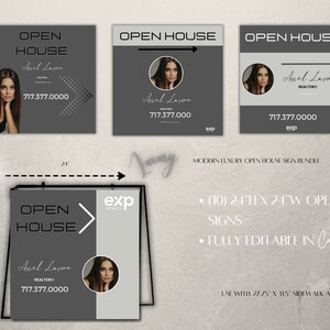 May include: A set of 10 printable open house real estate signs featuring a modern design with a gray background and white text. The signs are 24 inches high by 24 inches wide and are fully editable in Canva. The signs include the text "Open House", a realtor's name, phone number, and the logo "exp Realty".