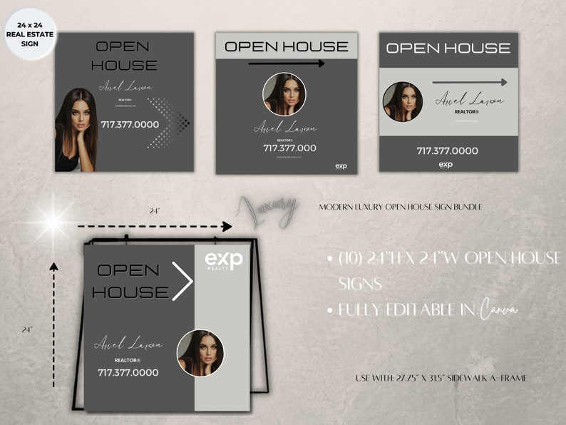 May include: A set of 10 printable open house real estate signs featuring a modern design with a gray background and white text. The signs are 24 inches high by 24 inches wide and are fully editable in Canva. The signs include the text "Open House", a realtor's name, phone number, and the logo "exp Realty".