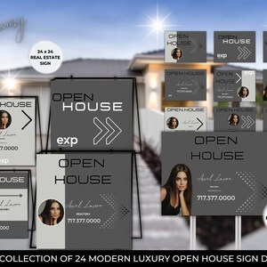 May include: A collection of 24 modern luxury open house sign designs featuring a gray and white color scheme with a woman's headshot and the text "Open House" and "EXP Realty".