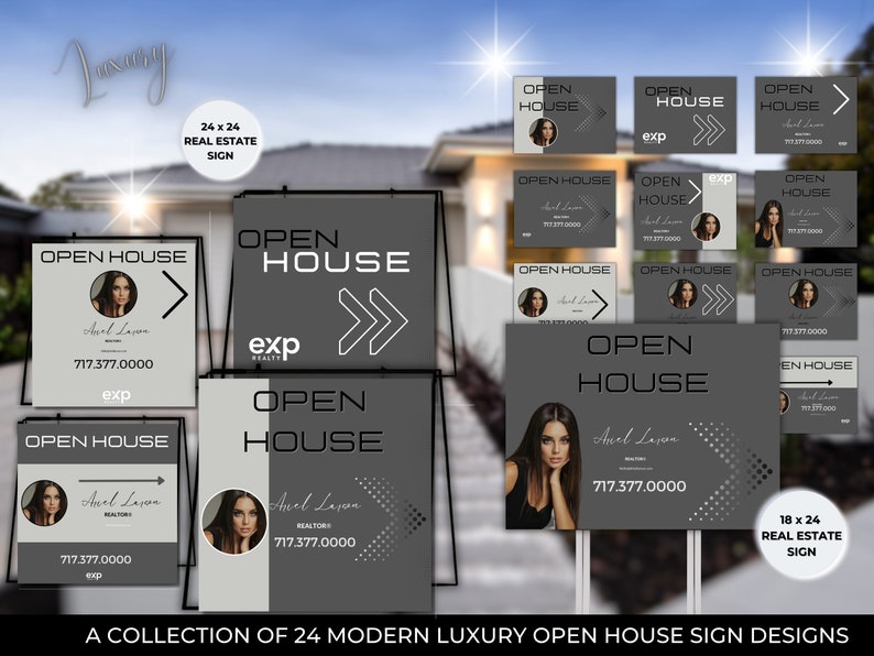 May include: A collection of 24 modern luxury open house sign designs featuring a gray and white color scheme with a woman's headshot and the text "Open House" and "EXP Realty".