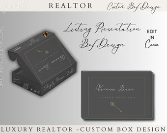 Realtor Box Design for Luxury Listing Presentation neighborhood Farming new client lead real estate Mailer box canva editable template