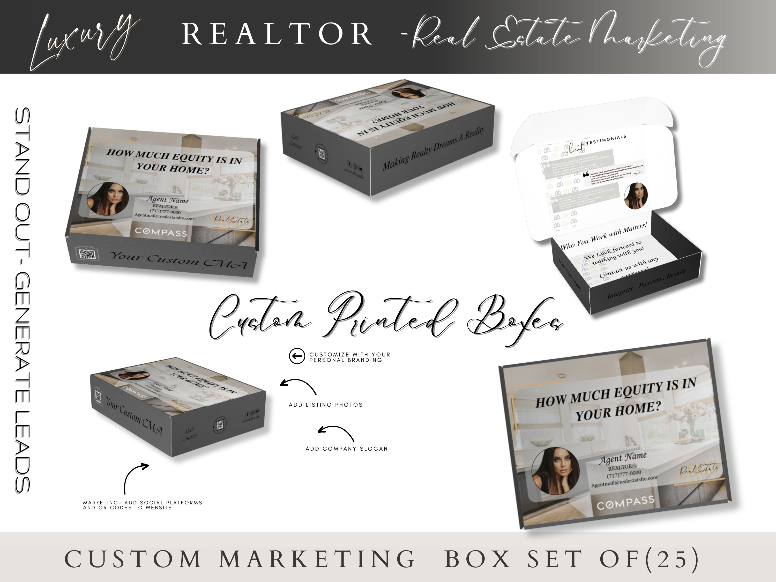 Realtor Listing Presentation equity box, custom cma box, real estate listing marketing, real estate  custom branded marketing 25 box set
