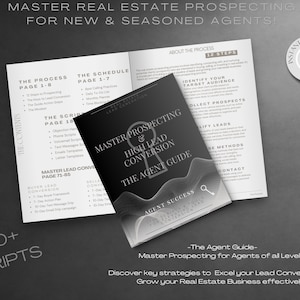 Może przedstawiać: Czarno-białe zdjęcie przewodnika dla agentów nieruchomości. Przewodnik nosi tytuł "Master Prospecting & High Lead Conversion: The Agent Guide". Okładka przedstawia dziurkę od klucza z kluczem. Przewodnik zawiera ponad 170 skryptów dla agentów nieruchomości.