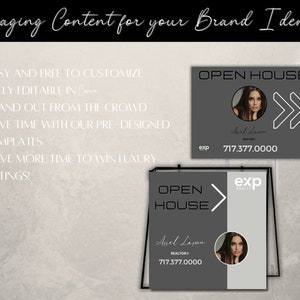 May include: A black and gray open house sign with a white arrow pointing to the right. The sign has the text "OPEN HOUSE" in white letters and the name "Axel Lawson" in white cursive writing. The phone number "717.377.0000" is also included in white text. The sign has a photo of a woman with long dark hair in a circle in the upper left corner.