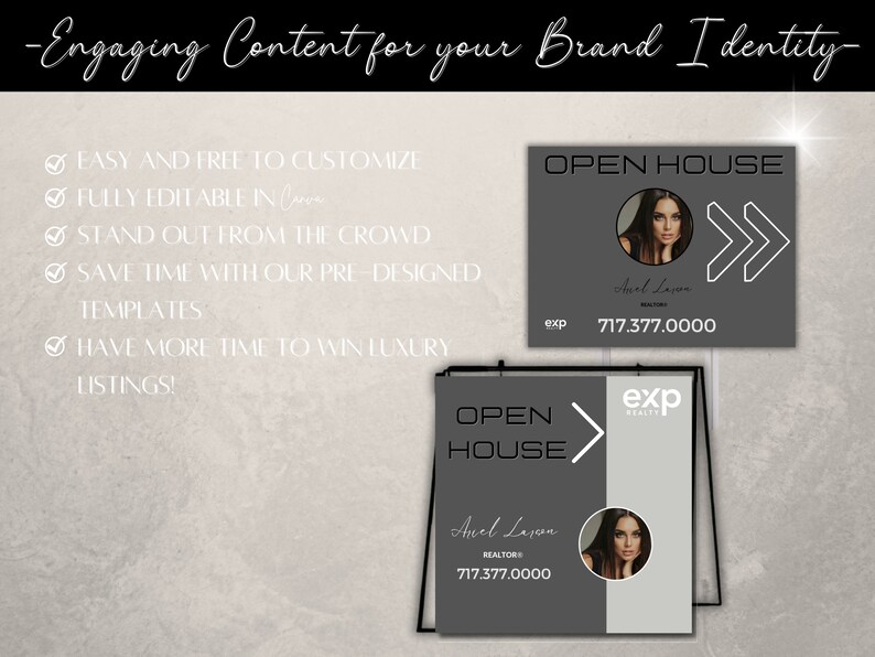 May include: A black and gray open house sign with a white arrow pointing to the right. The sign has the text "OPEN HOUSE" in white letters and the name "Axel Lawson" in white cursive writing. The phone number "717.377.0000" is also included in white text. The sign has a photo of a woman with long dark hair in a circle in the upper left corner.