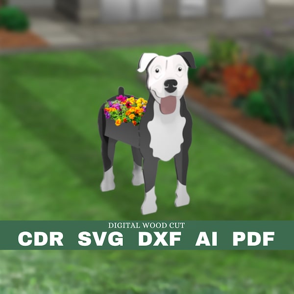 Patrón de jardinera Pitbull, jardinera de madera para perros, maceta de adorno de jardín DIY, archivo digital de corte láser svg pdf dxf cdr