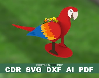 Parrot planter pattern, animal wood laser cutting digital file svg pdf dxf cdr
