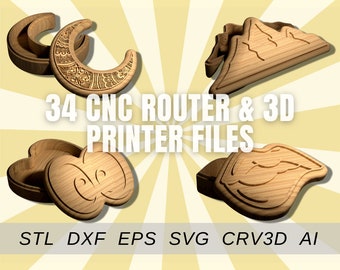 Bundle 34 boxes files for CNC and 3D printer. Jewellery box cnc router STL DXF eps svg.