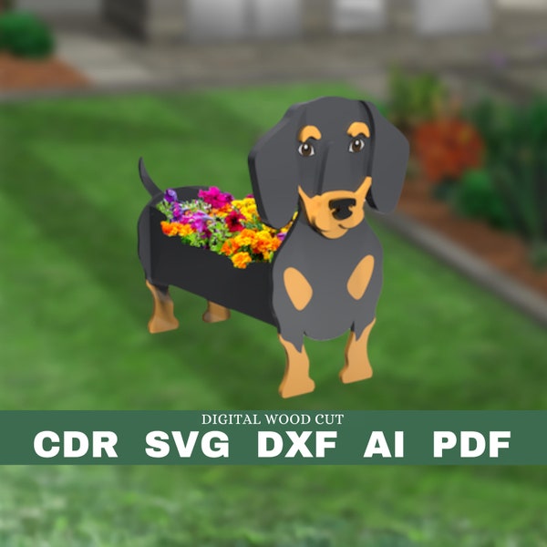 Modello di fioriera bassotto, fioriera in legno cane, vaso da fiori ornamento da giardino fai da te, file digitale taglio laser svg pdf dxf cdr
