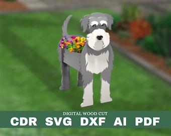 Schnauzer planter pattern, dog wood planter, DIY garden ornament flower pot, laser cutting digital file svg pdf dxf cdr