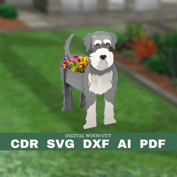 Modèle de jardinière de Schnauzer, jardinière en bois de chien, pot de fleur d’ornement de jardin bricolage, fichier numérique de découpe laser svg pdf dxf cdr