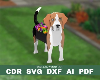 Beagle planter pattern, dog wood planter, DIY garden ornament flower pot, laser cutting digital file svg pdf dxf cdr