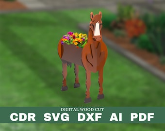 Horse planter pattern, wood planter, wood pet flower pot, laser cutting digital file svg pdf dxf cdr
