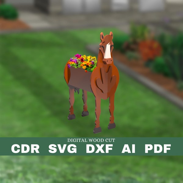 Horse planter pattern, wood planter, wood pet flower pot, laser cutting digital file svg pdf dxf cdr