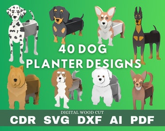 Bundle 40 dogs planter pattern, pack wood planter, wood pet, laser cutting digital file svg pdf dxf cdr