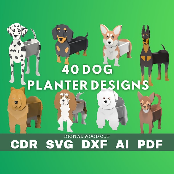 Bundle 40 dogs planter pattern, pack wood planter, wood pet, laser cutting digital file svg pdf dxf cdr