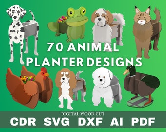 Bundle 70 animals planter pattern, pack wood planter, wood pet, laser cutting digital file svg pdf dxf cdr