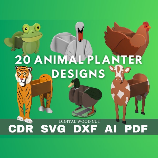 Bundel 20 dieren plantenbak patroon, pack houten plantenbak, houten huisdier, lasersnijden digitaal bestand svg pdf dxf cdr
