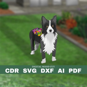 Border collie planter pattern, dog wood planter, DIY garden ornament flower pot, laser cutting digital file svg pdf dxf cdr