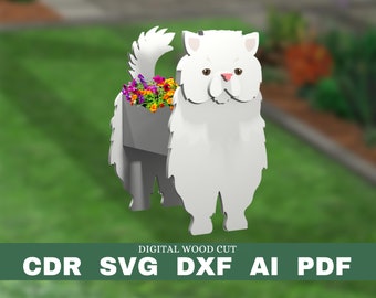 Persian cat planter pattern, cat wood planter, DIY garden ornament flower pot, laser cutting digital file svg pdf dxf cdr