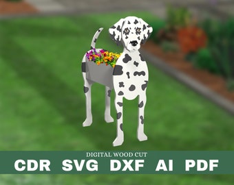 Dalmatian dog planter pattern, dog wood planter, DIY garden ornament flower pot, laser cutting digital file svg pdf dxf cdr