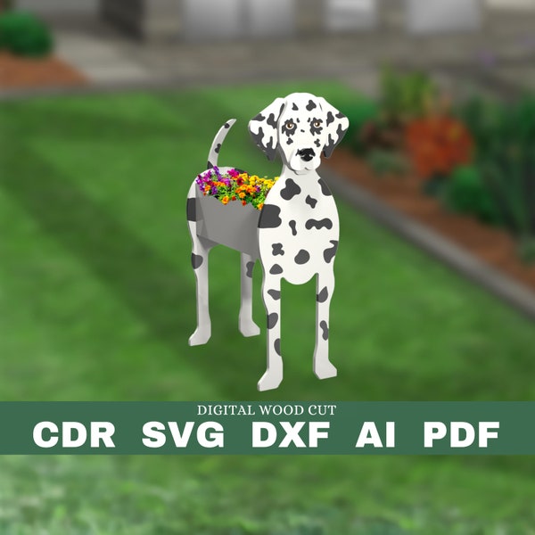 Dalmatian dog planter pattern, dog wood planter, DIY garden ornament flower pot, laser cutting digital file svg pdf dxf cdr