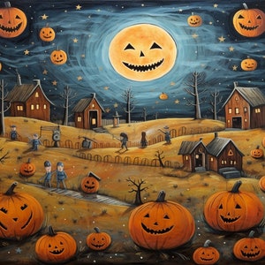 Puede incluir: Una pintura de una escena nocturna de Halloween con una gran luna de calabaza brillante en un cielo azul oscuro lleno de estrellas. El paisaje incluye varias casas de madera, árboles desnudos y numerosas calabazas naranjas en el suelo.