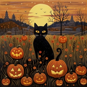 Puede incluir: Una pintura de un gato negro con ojos amarillos brillantes sentado en un campo de hierba alta y flores naranjas. La escena presenta numerosas calabazas iluminadas, una gran luna llena amarilla y un paisaje oscuro con árboles.