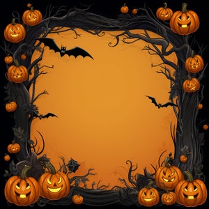 May include: A square Halloween-themed frame featuring a central orange background surrounded by dark, gnarled tree branches, multiple glowing jack-o'-lanterns with carved faces, and black silhouettes of flying bats against the dark border.