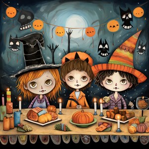 Puede incluir: Una ilustración de tres niños con ojos grandes sentados a una mesa preparada para un banquete de Halloween. Llevan sombreros puntiagudos y ropa festiva. La mesa presenta calabazas, velas y platos de comida bajo un cielo nocturno oscuro.