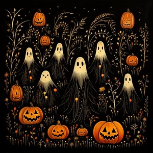 Puede incluir: Una ilustración sobre fondo negro que muestra varias calabazas de Halloween naranjas con caras talladas y varios fantasmas de color crema con túnicas fluidas y translúcidas. Tallos botánicos de tono dorado y pequeñas estrellas llenan el espacio.