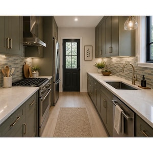 May include: A galley kitchen featuring olive green cabinets with brass hardware, white quartz countertops, and a multi-colored glass tile backsplash. The space includes stainless steel appliances, a black door, and light wood flooring.
