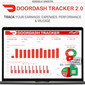 May include: A laptop screen showing the "DoorDash Tracker 2.0" interface. The interface displays earnings, expenses, performance, and mileage data. Charts and graphs visualise yearly earnings and expenses. A video tutorial icon is also visible.