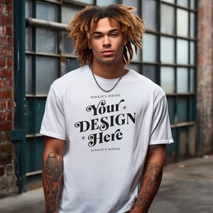 Comfort Colors 1717 White Unisex Tshirt Mockup, mens fashion white oversized t-shirt mock up outdoor streetwear shoot male model POD mock-up