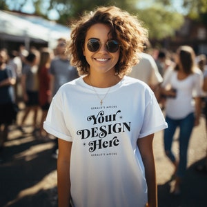 Comfort Colors 1717 White Unisex Tshirt Mockup, womens streetwear fashion cute boho white oversized t-shirt mock up female model POD