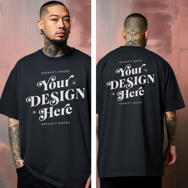 Front and Back Comfort Colors 1717 Black Unisex Tshirt Mockup, mens fashion oversized black shirt mock up Asian male model streetwear mock