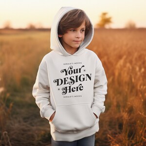 Gildan 18500B White Youth Hooded Sweatshirt Mockup, boys white sweatshirt mockup kids white hoodie lifestyle mock up cute kid sweater mock