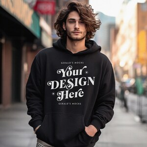 Gildan 18500 Black Unisex Hoodie Mockup, mens streetwear fashion black hoodie mock up outdoor natural light moody urban city shoot mock-up