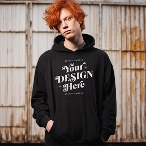 Gildan 18500 Black Unisex Hoodie Mockup, mens streetwear fashion black hoodie male red head model mock up outdoor industrial shoot mock-up