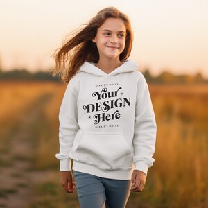 Gildan 18500B White Youth Hooded Sweatshirt Mockup, girls white sweatshirt mockup kids white hoodie lifestyle mock up cute kid sweater mocks